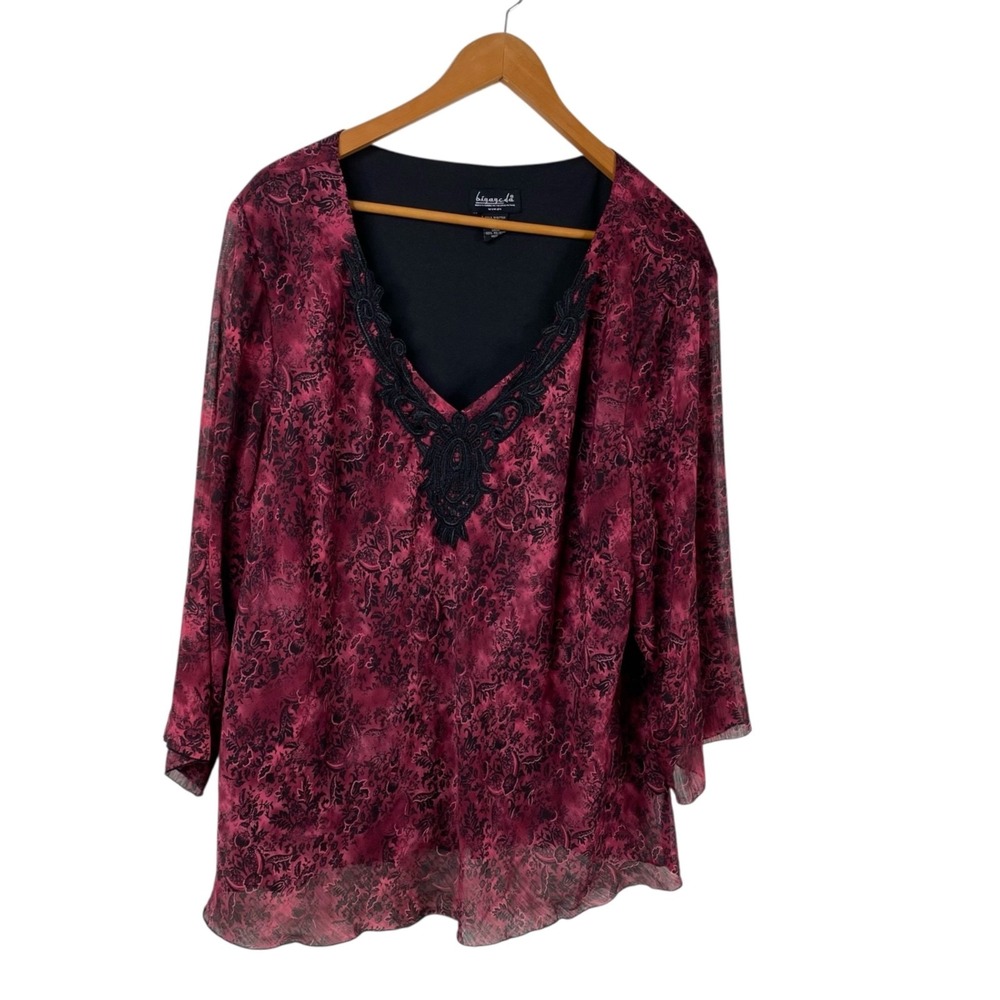 Biyaycda Women's Top Burgundy Size 3X 3/4 Sleeves Boho Office Dark Floral